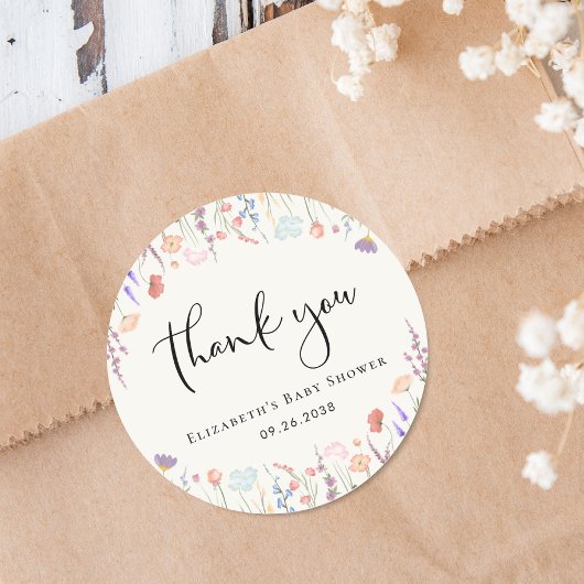 ワイルドフラワーウォーターカラークリームベビーシャワーありがとう ラウンドシール
