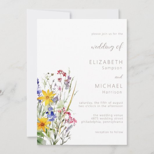 ワイルドフラワーウォーターカラーサマー結婚式招待状 招待状 (正面)