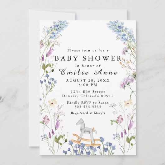 ワイルドフラワーウォーターカラーソフトプリントベビーシャワー 招待状 (正面)