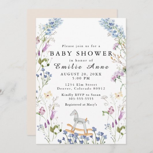 ワイルドフラワーウォーターカラーソフトプリントベビーシャワー 招待状 (正面/裏面)