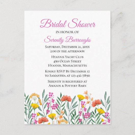 ワイルドフラワーウォーターカラーピンクフローラブライダルシャワー インビテーションポストカード (正面)