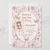 ワイルドフラワーウォーターカラーフォレストフェアリー最初の誕生日 招待状 (正面)