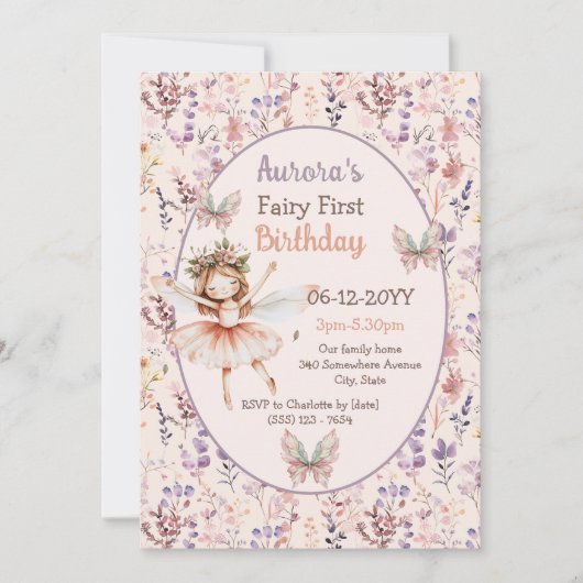 ワイルドフラワーウォーターカラーフォレストフェアリー最初の誕生日 招待状 (正面)