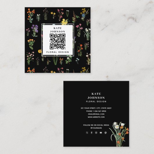 ワイルドフラワーウォーターカラーブラックフローラデザイナーBoho スクエア名刺 (正面/裏面)
