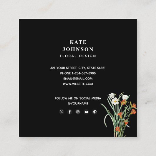 ワイルドフラワーウォーターカラーブラックフローラデザイナーBoho スクエア名刺 (裏面)