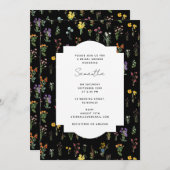 ワイルドフラワーウォーターカラーブラックフローラブライダルシャワー 招待状 (正面/裏面)
