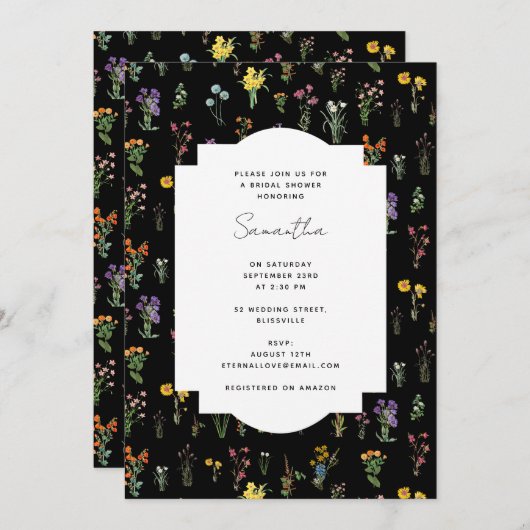 ワイルドフラワーウォーターカラーブラックフローラブライダルシャワー 招待状 (正面/裏面)