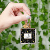 ワイルドフラワーウォーターカラーブラックボタニカルフローラ キーホルダー (手)