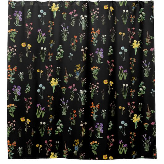 ワイルドフラワーウォーターカラーブラックボタニカルフローラ シャワーカーテン (正面)
