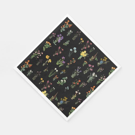 ワイルドフラワーウォーターカラーブラックボタニカルフローラ スタンダードランチョンナプキン (角)