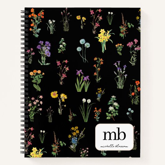 ワイルドフラワーウォーターカラーブラックボタニカルフローラ ノートブック (正面)
