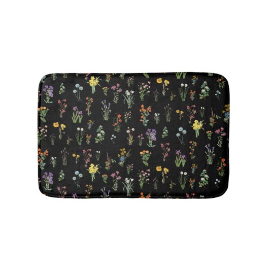 ワイルドフラワーウォーターカラーブラックボタニカルフローラ バスマット (正面)