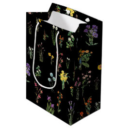 ワイルドフラワーウォーターカラーブラックボタニカルフローラ ミディアムペーパーバッグ