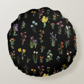 ワイルドフラワーウォーターカラーブラックボタニカルフローラ ラウンドクッション (裏面)