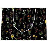 ワイルドフラワーウォーターカラーブラックボタニカルフローラ ラージペーパーバッグ (正面)
