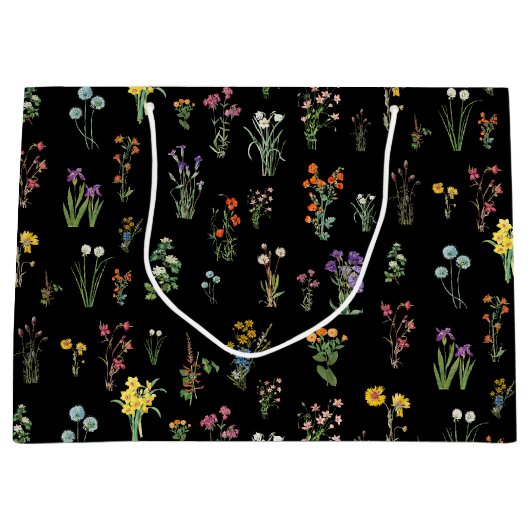 ワイルドフラワーウォーターカラーブラックボタニカルフローラ ラージペーパーバッグ (正面)