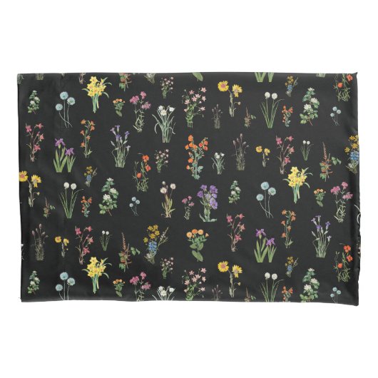 ワイルドフラワーウォーターカラーブラックボタニカルフローラ 枕カバー (正面左)