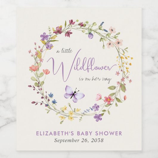 ワイルドフラワーウォーターカラーベビーガールシャワー ワインラベル (シングルラベル)