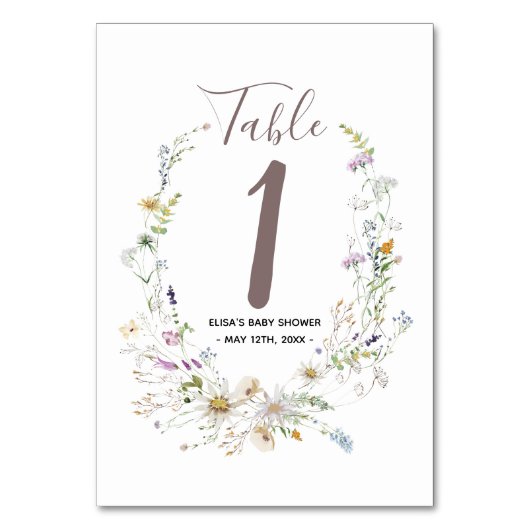 ワイルドフラワーウォーターカラーベビーシャワーテーブル番号 テーブルナンバー (正面)
