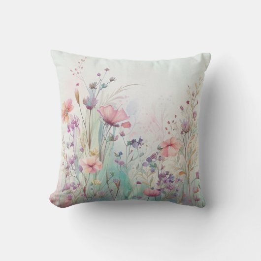 ワイルドフラワーウォーターカラーボホフローラガーデンフラワー クッション (正面)