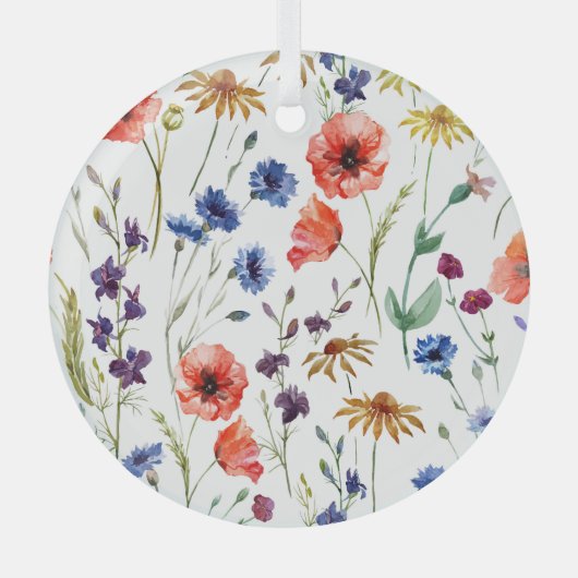 ワイルドフラワーウォーターカラーポピーChamomile背景 ガラスオーナメント (正面)