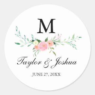 ワイルドフラワーウォーターカラーモノグラム結婚ズステッカー ラウンドシール