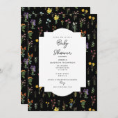 ワイルドフラワーウォータースカラー黒植物性ベビーシャワー 招待状 (正面/裏面)