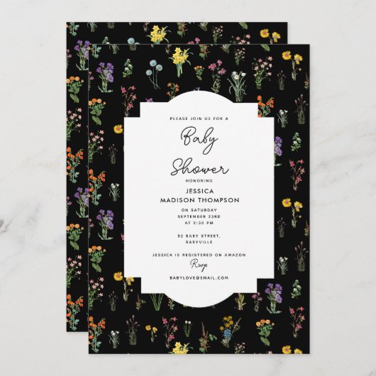 ワイルドフラワーウォータースカラー黒植物性ベビーシャワー 招待状 (正面/裏面)