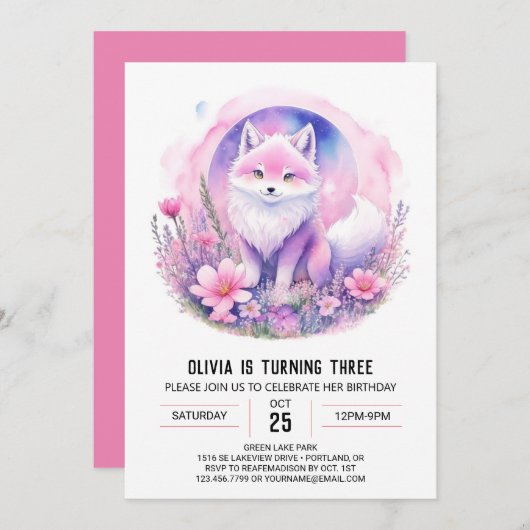 ワイルドフラワーウルフガール誕生日 招待状 (正面/裏面)