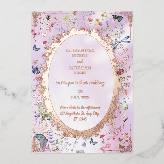 ワイルドフラワーエレガントお洒落ピンクフォイル招待状 箔招待状 (正面)