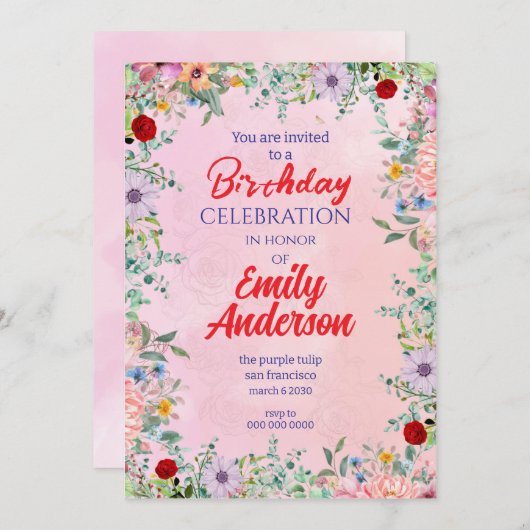 ワイルドフラワーエレガントのフレームの誕生日 招待状 (正面/裏面)