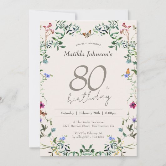 ワイルドフラワーエレガントのフローラ80th誕生日パーティー 招待状 (正面)