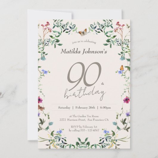 ワイルドフラワーエレガントのフローラ90th誕生日パーティー 招待状 (正面)