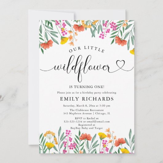 ワイルドフラワーエレガントのベビーガール1st誕生日パーティー 招待状 (正面)