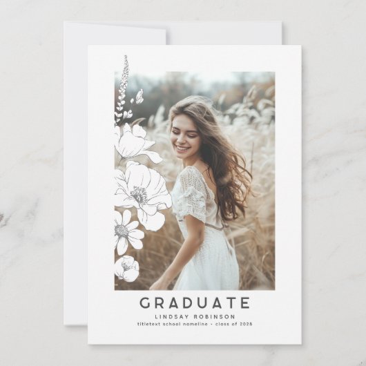 ワイルドフラワーエレガントのモダン卒業パーティーの写真 招待状 (正面)