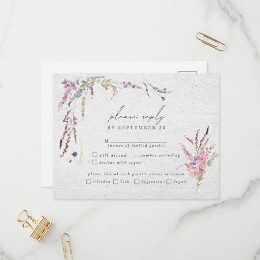 ワイルドフラワーエレガントのモダン食事RSVP インビテーションポストカード (正面/裏面インサイチュ)