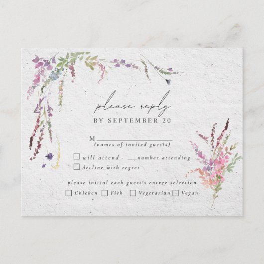 ワイルドフラワーエレガントのモダン食事RSVP インビテーションポストカード (正面)