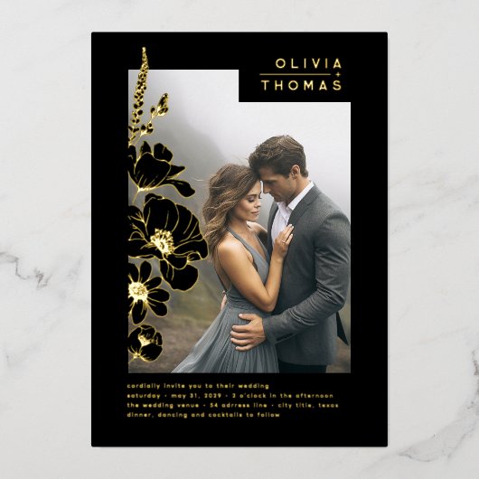 ワイルドフラワーエレガントのロマンチックなブ結婚ラックの写真 箔招待状 (正面)