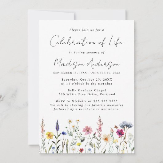 ワイルドフラワーエレガントの人生の写真お祝い 招待状 (正面)