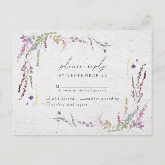 ワイルドフラワーエレガントの水の色のウェディングモダンRSVP インビテーションポストカード (正面)