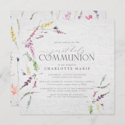 ワイルドフラワーエレガントの水の色の最初のコミュニティ 招待状 (正面/裏面)