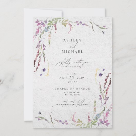 ワイルドフラワーエレガントの水の色モダン結婚の値 招待状 (正面)