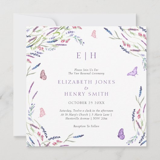 ワイルドフラワーエレガントの水彩リース誓の更新 招待状 (正面)