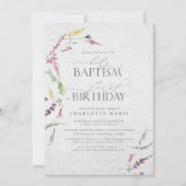 ワイルドフラワーエレガントの水色バプテスマ1st誕生日 招待状 (正面)