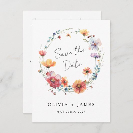 ワイルドフラワーエレガントの結婚式の日付を保存 インビテーションポストカード (正面/裏面)