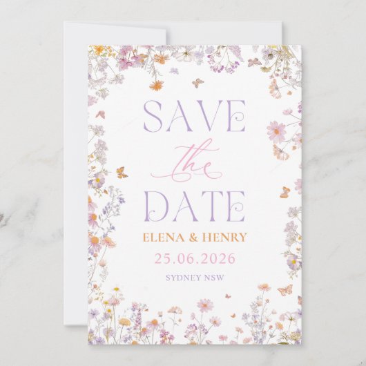 ワイルドフラワーエレガントの結婚式の日付を保存 招待状 (正面)