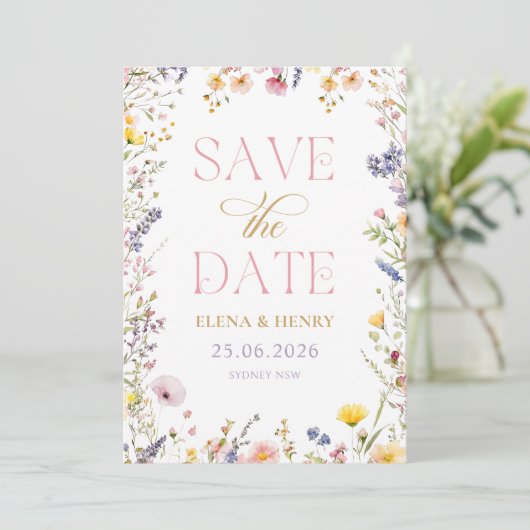 ワイルドフラワーエレガントの結婚式の日付を保存 招待状 (スタンド正面)