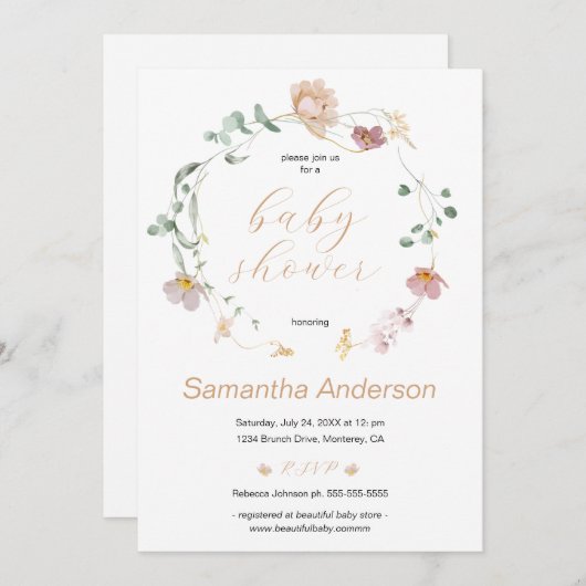 ワイルドフラワーエレガントの赤ちゃんシャワースクリプト 招待状 (正面/裏面)