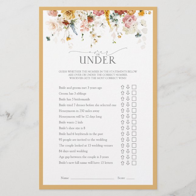 ワイルドフラワーエレガントイエローブライダルシャワーゲーム (正面)