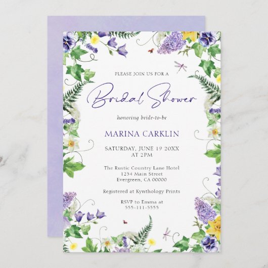 ワイルドフラワーエレガントウォーターのカラーブライダルシャワー 招待状 (正面/裏面)
